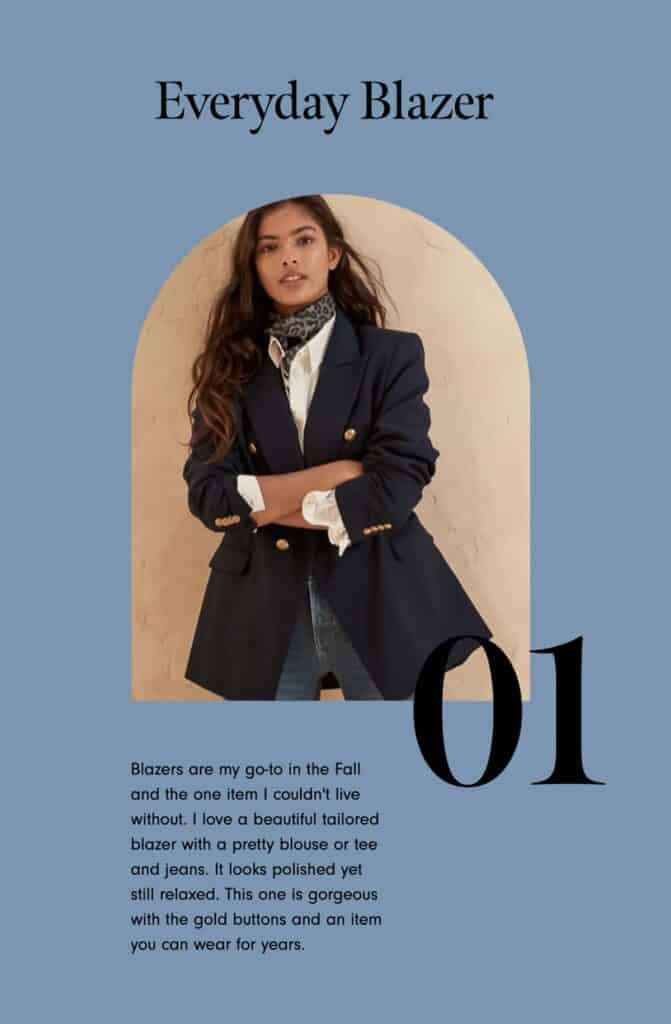 Banana Republic Navy blazer with gold buttons on lady with dark hair