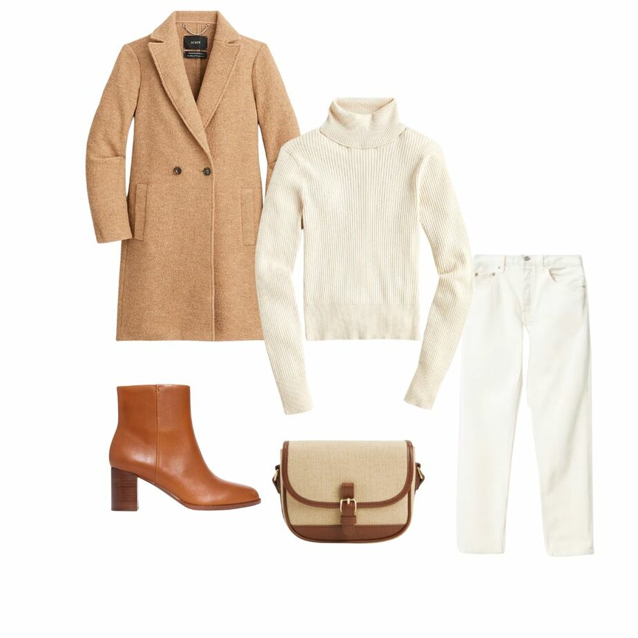 Graphic of brown coat, cream jeans, brown boots, cream tutleneck of parisian outfit to copy now