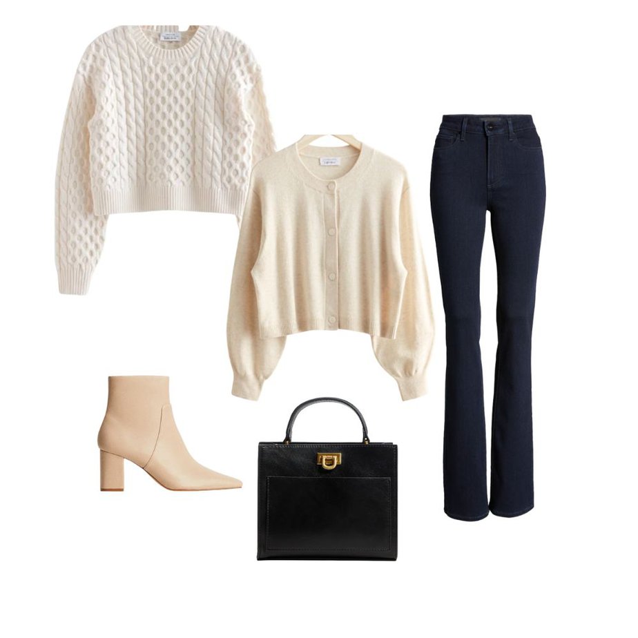 Graphic of two cream sweaters, dark pair of jeans, black bag, and light boots