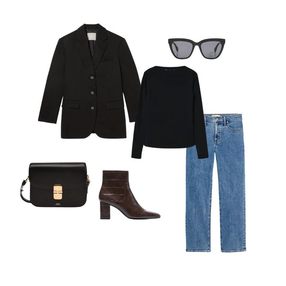 Black Blazer, Blue Denim, Black Tee, Sunglasses, Black Boots, and Black Bag