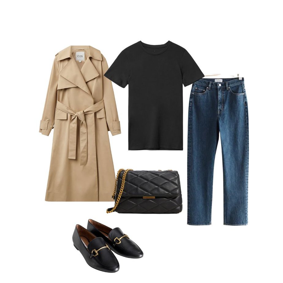Trench Coat, Black Tee, Blue Jeans, Black Quilted Bag, and Black Loafers