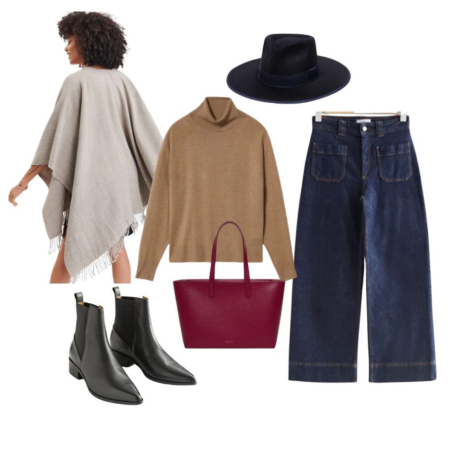 wrap, camel turtleneck, navy fedora hat, wide leg jeans, red tote, and black boots.