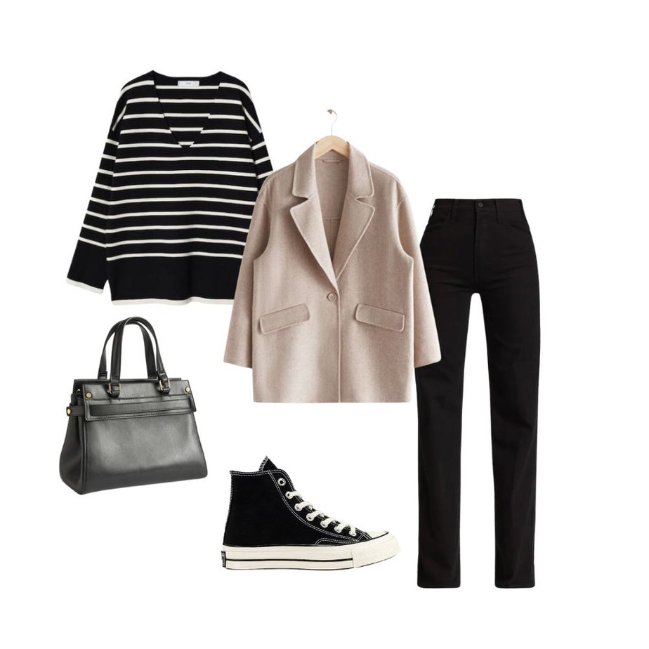 Stripe Top with Camel Blazer, Black Jeans, Black Converse, High Tops