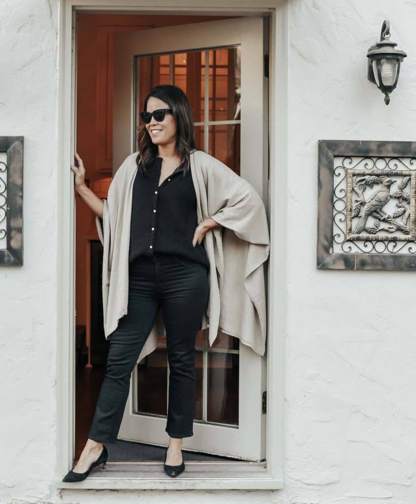 Standing in a doorway wearing a travel wrap