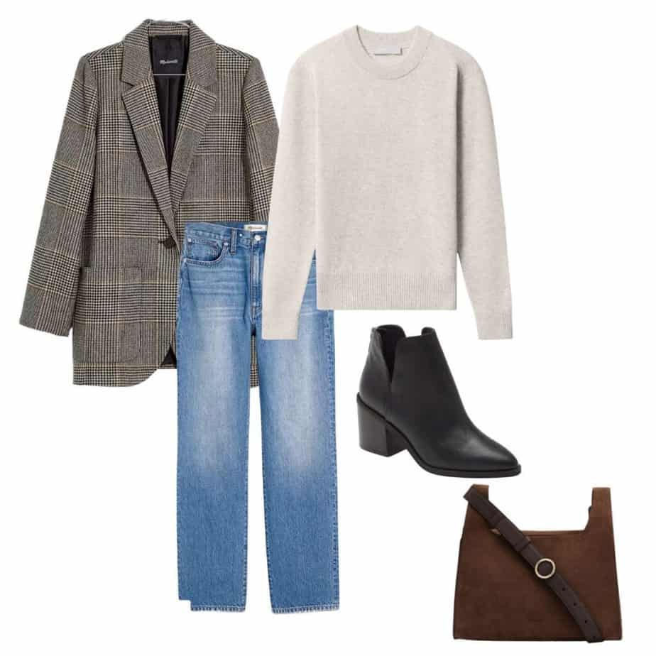 graphic of plaid blazer, alpaca sweater, blue denim, black boots, suede bag