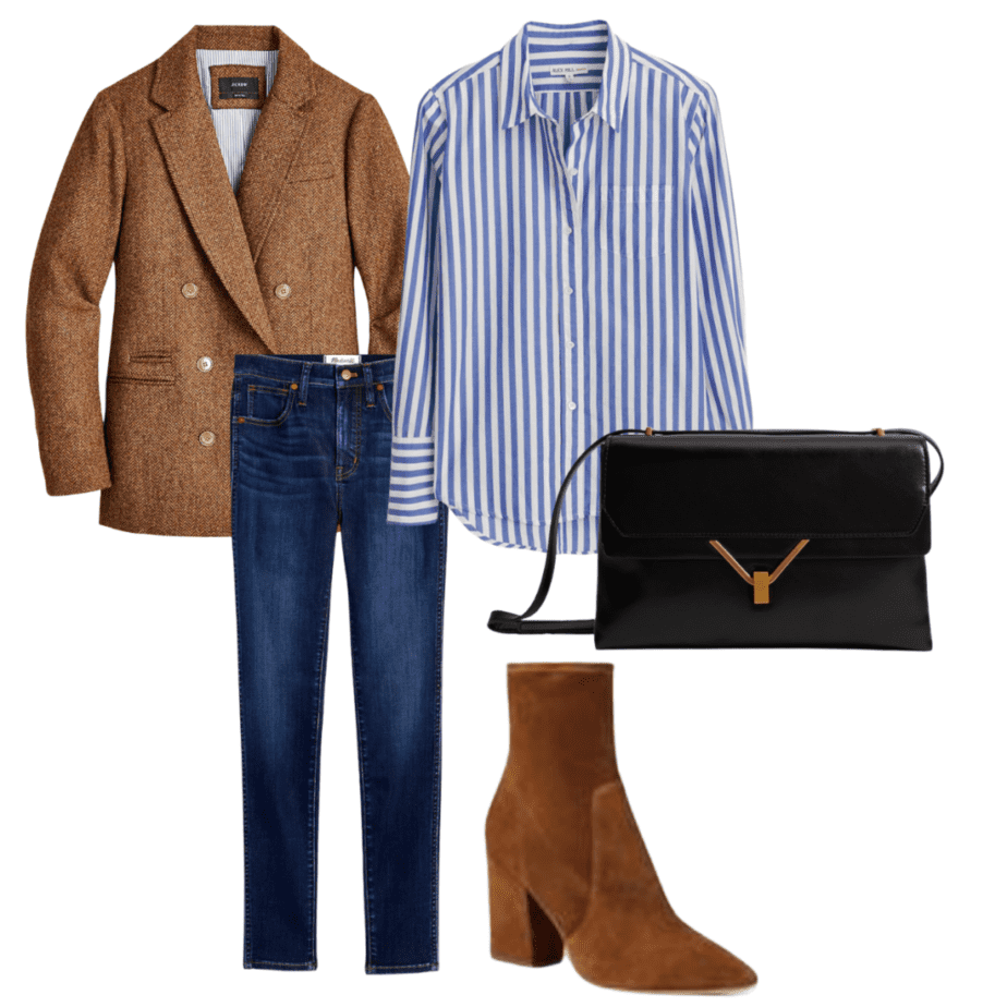 Graphic of brown blazer, jeans, stripe shirt, boots, and leather black bag