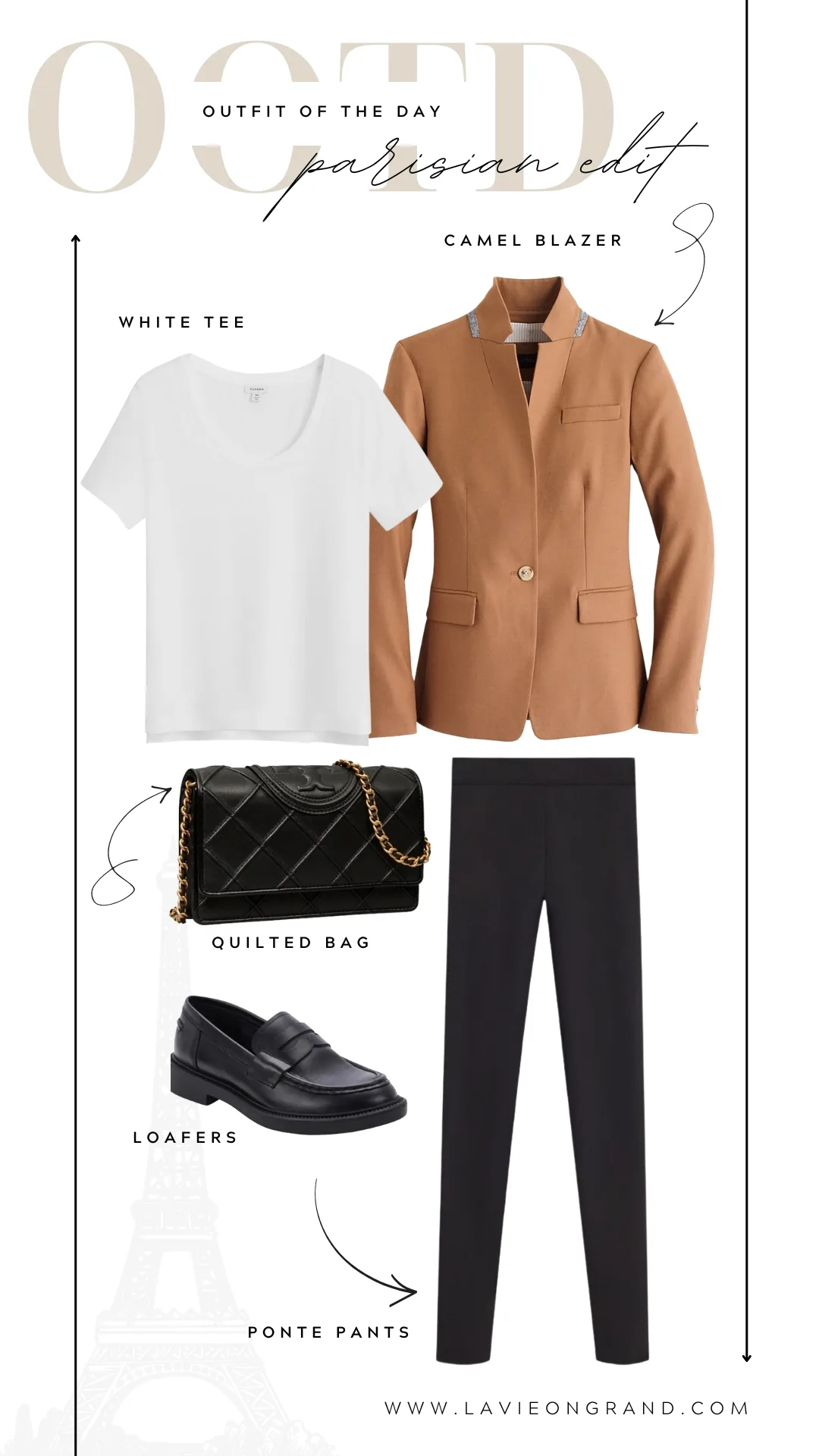 ponte pants blazer outfit Graphic of camel blazer with white tee, quilted leather bag and black loafers.