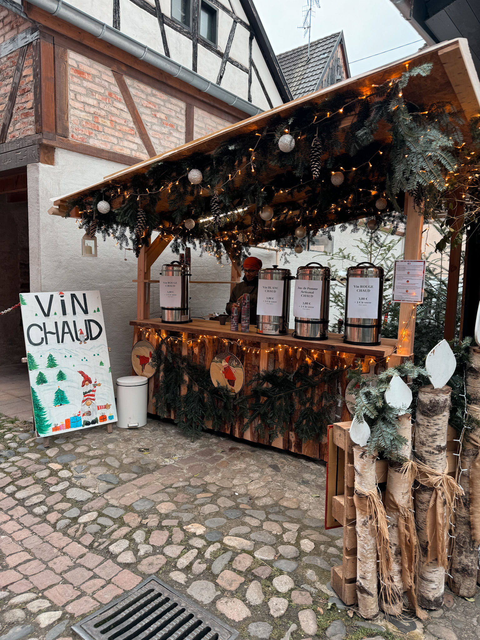 Vin Chaud sign Christmas market in France with a Vin Chaud sign.