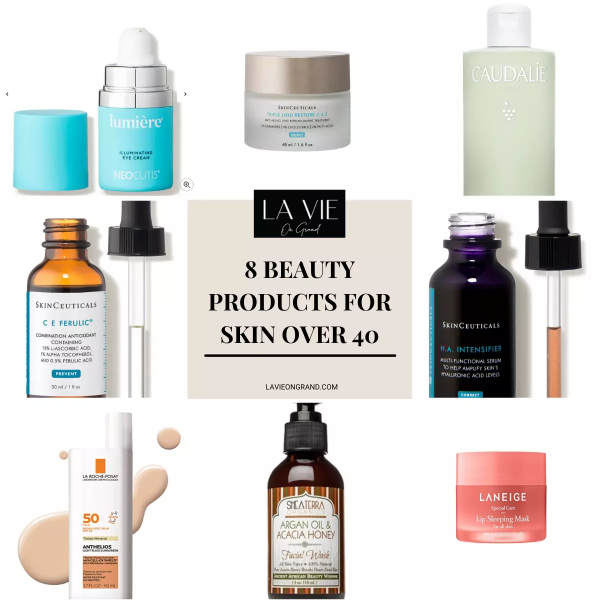 Graphic of 8 beauty products for skin over 40