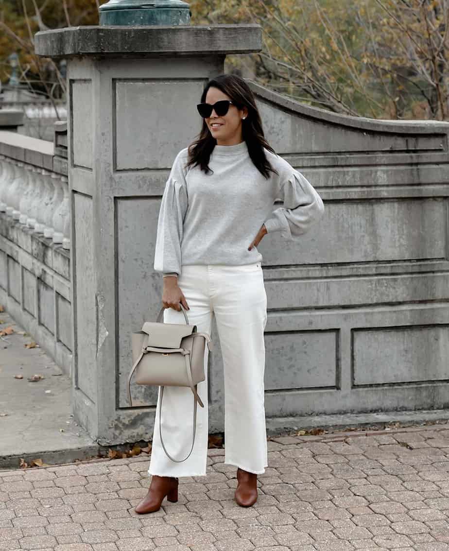 white denim and grey sweater French Girl-Inspired Fall Shoes