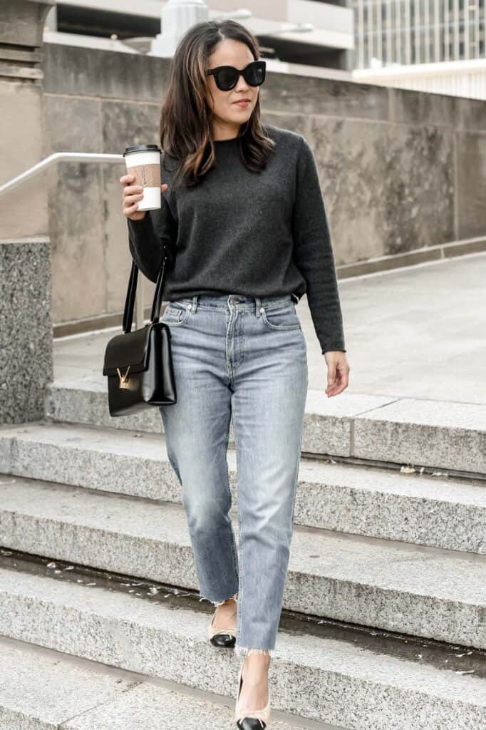 walking down stairs with cashmere sweater