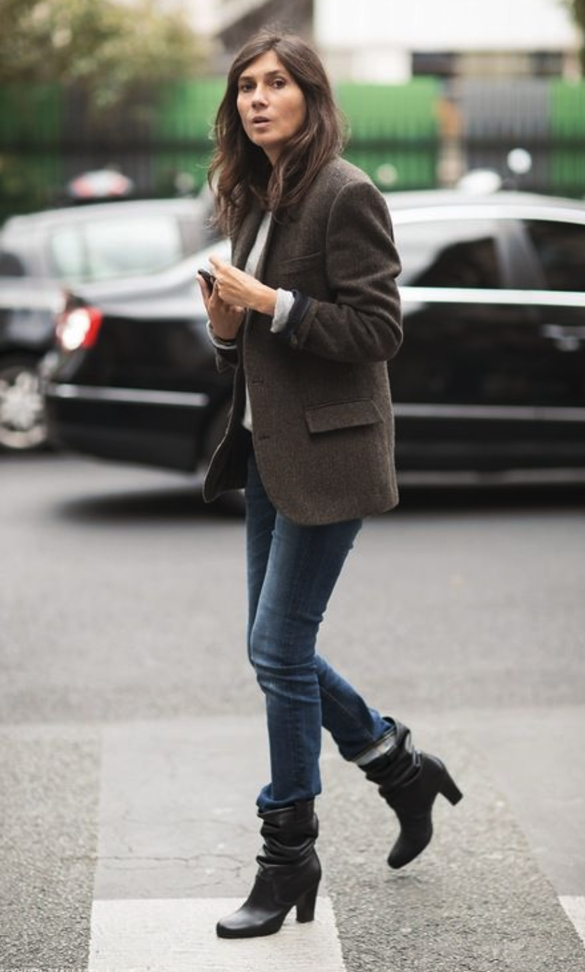 Emanuelle Alt with boots and blazer