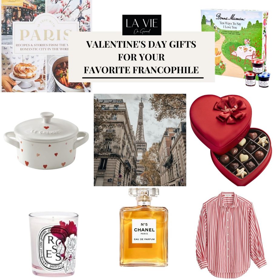 graphic of different valentines gifts for francophiles
