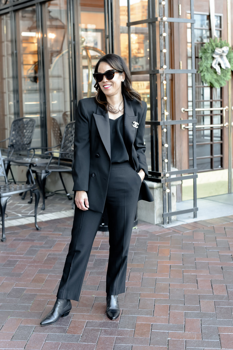 wearing black tuxedo jacket with pants 