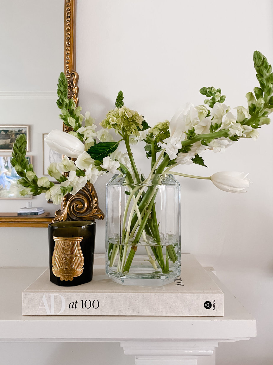 vase of flowers vase of flowers and candle on a mantle | French Fridays Week 16