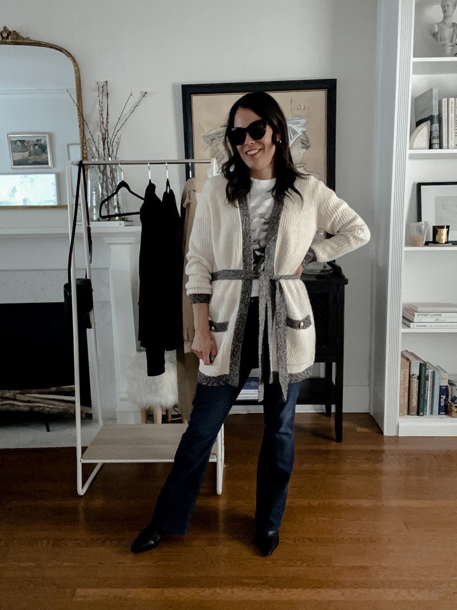 cardigan, graphic tee, sunglasses, jeans 