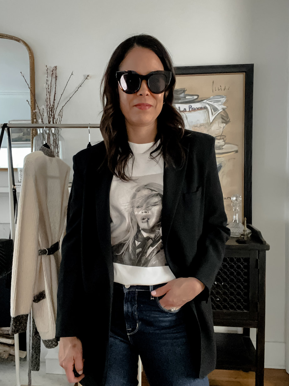 black blazer, anine bing tee, denim