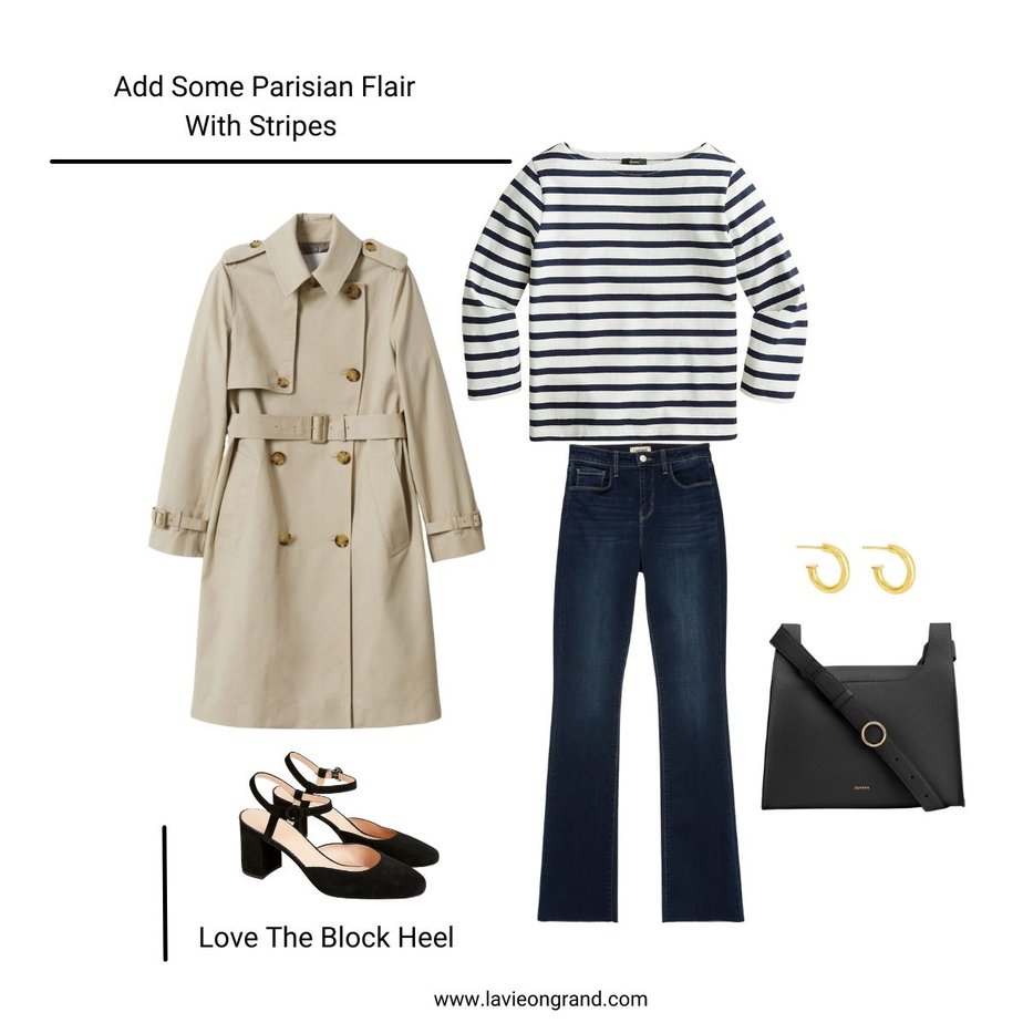 graphic of trench coat, stripe top, jeans,
