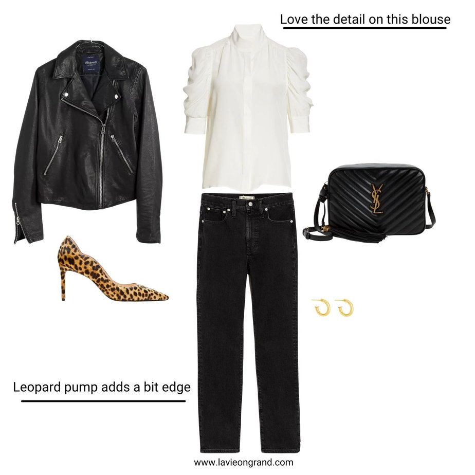 graphic of leather jacket, black jeans, white top, leopard pump