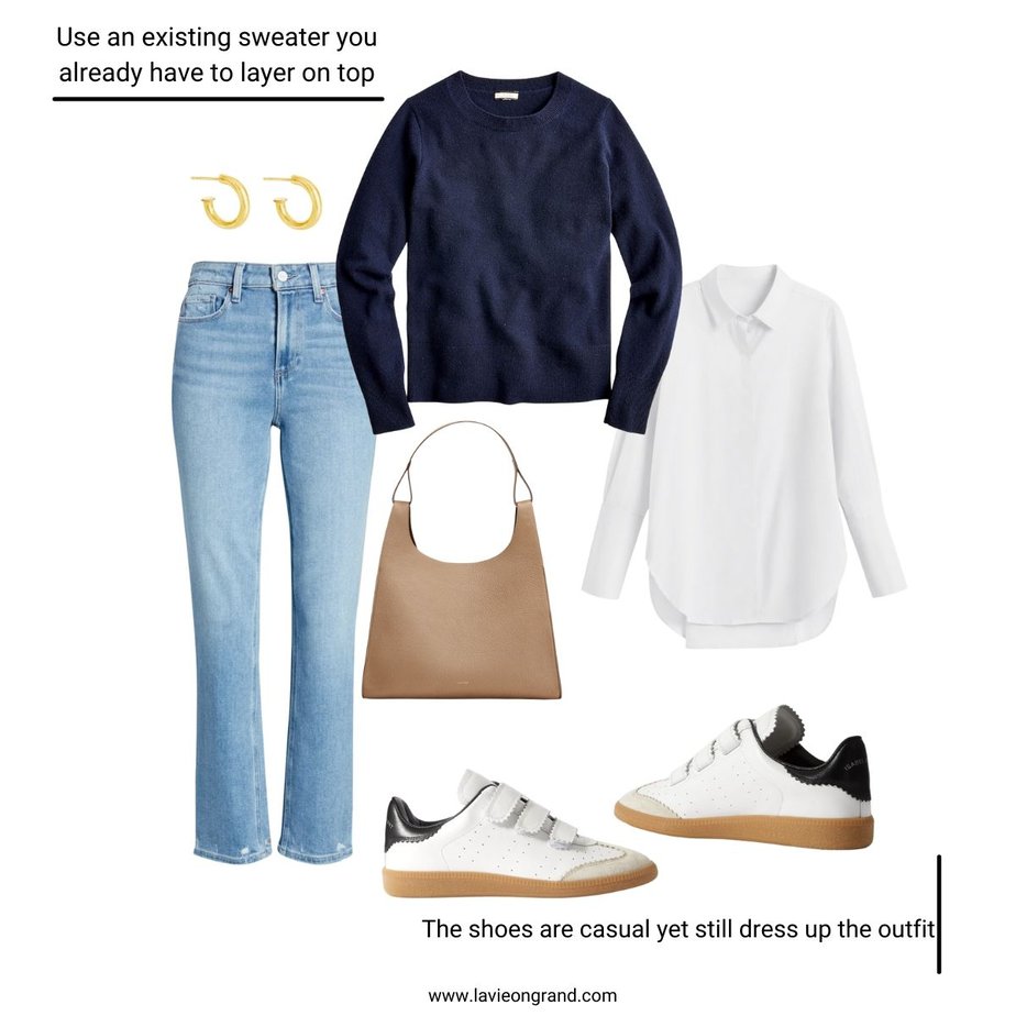 navy sweater, jeans, shoes, gold earrings 