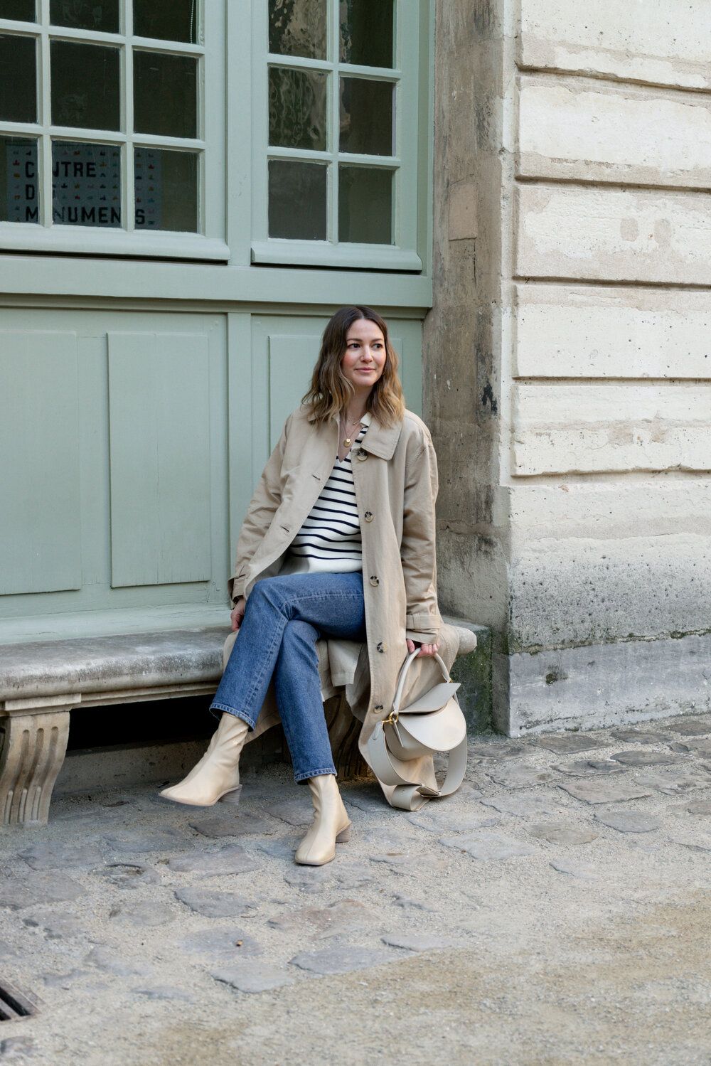 Rue Rodier in stripes and trench coat 