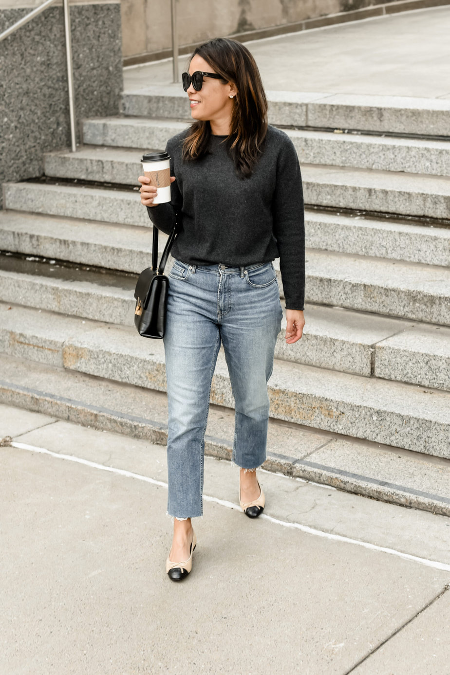 wearing mer sea sweater, jeans, chanel flats,