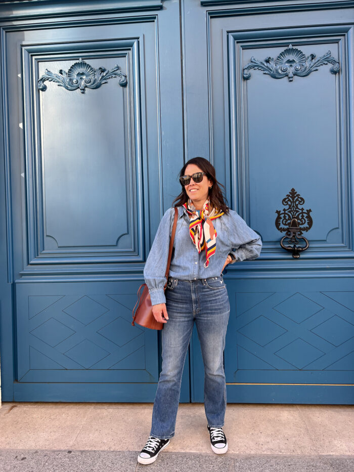 black high top converse with jeans and denim top