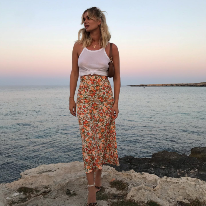 Anedorah M floral skirt Anedorah M in floral skirt and white tank
