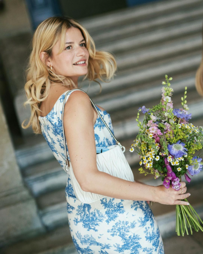 Sabina Socol blue and white dress Sabina Socol in blue and white dress with flowers