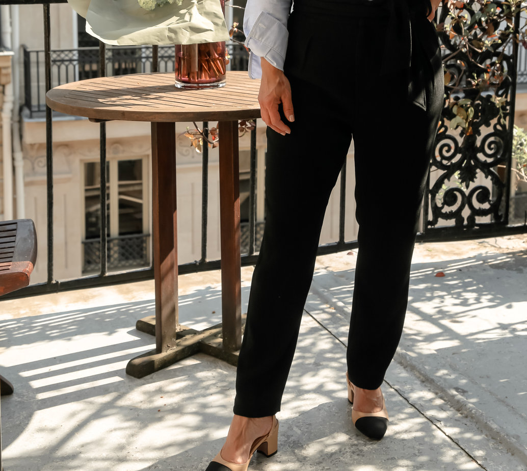 Wearing Sèzane Austin Trousers With Button Down and Pumps In Paris