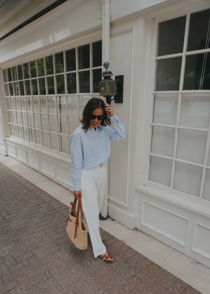 white linen pants for women Woman with white linen pants, striped top, tote, and sandals