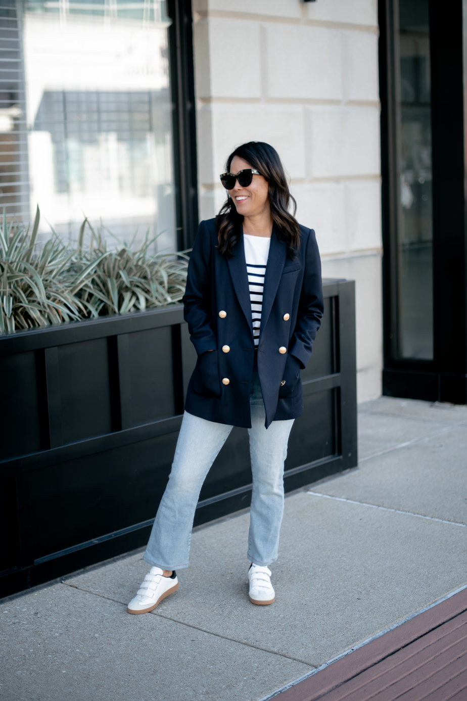 Wearing Navy Sezane Blazer and Jeans