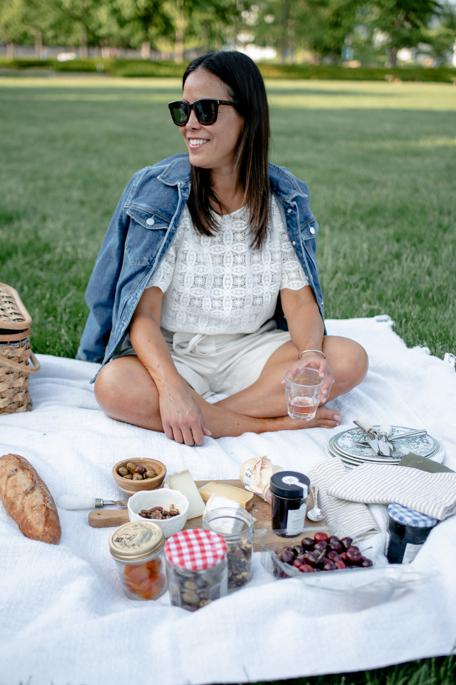 Wearing Sèzane Denim Jacket at A Picnic on the lawn