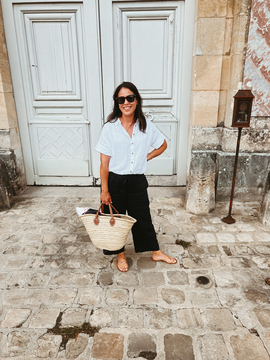 Linen Top with Linen Pants, Market Bag, and Sezane Sandals