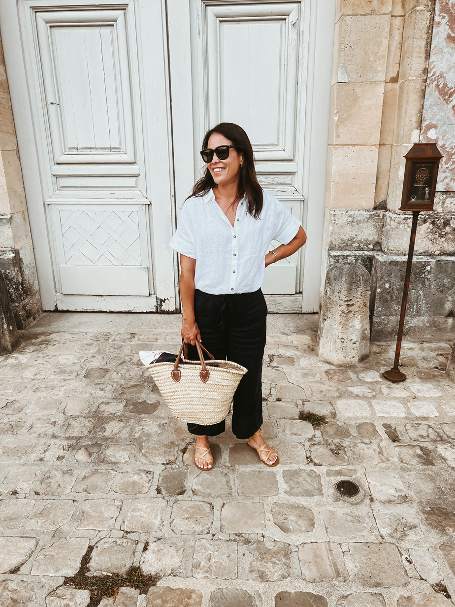 Linen Top and Pants with Sezane Sandals and Market Tote