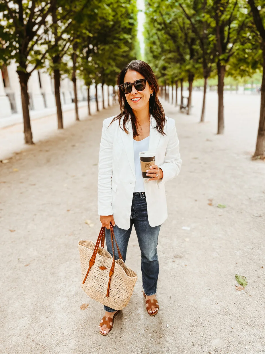 white blazer with jeans, sezane sandals, market tote