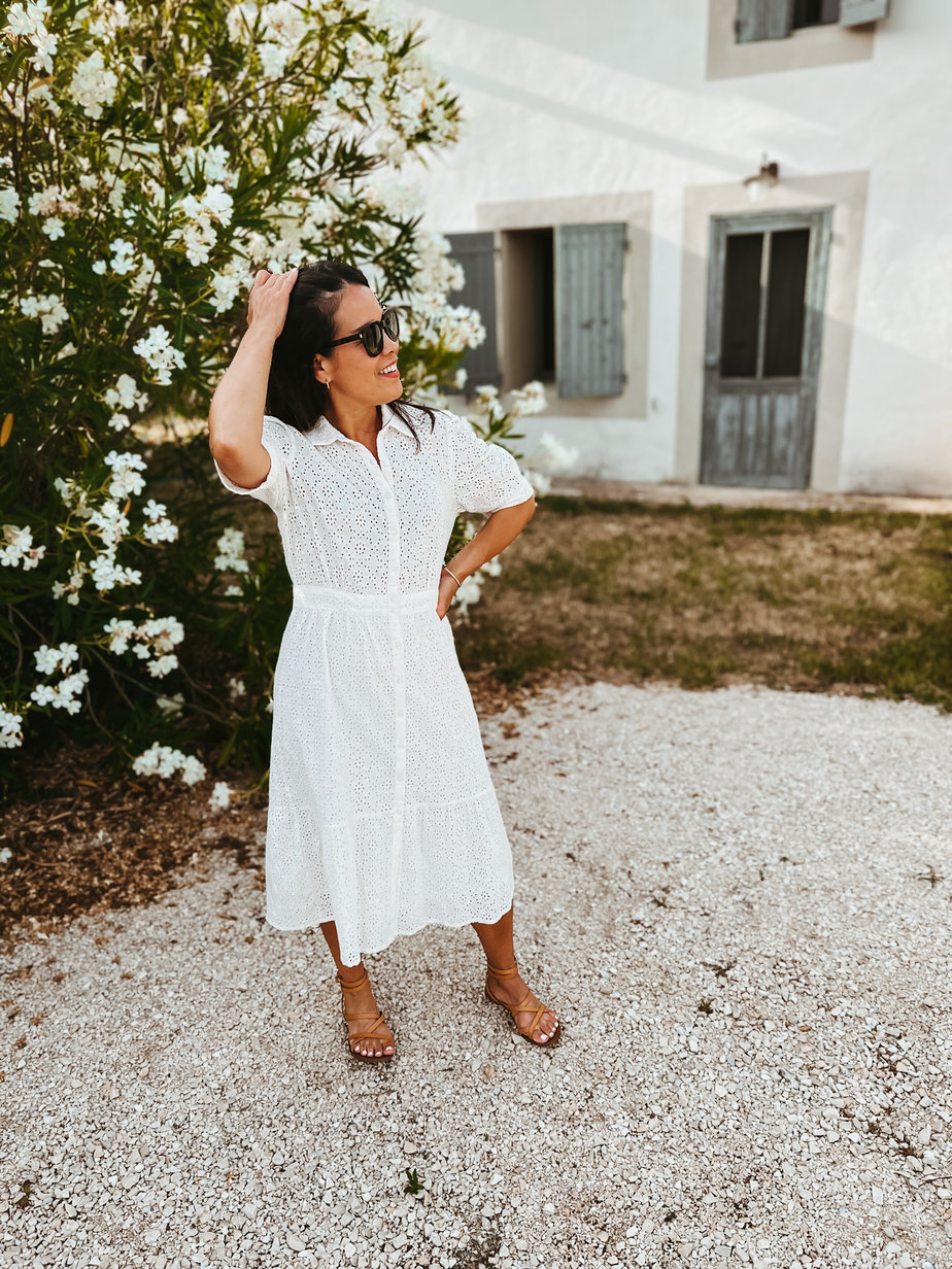 Bash Eyelet Dress ba&sh Paris Sizing Guide | Eyelet Dress With Sandals Standing in front of tree with white flowers