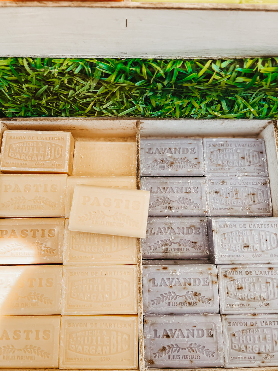 Table At Market soaps Bars of Soap on Table At Market in Provence