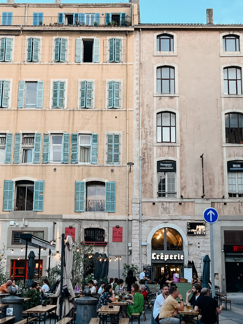 Blue shutters on buildings in Marseille