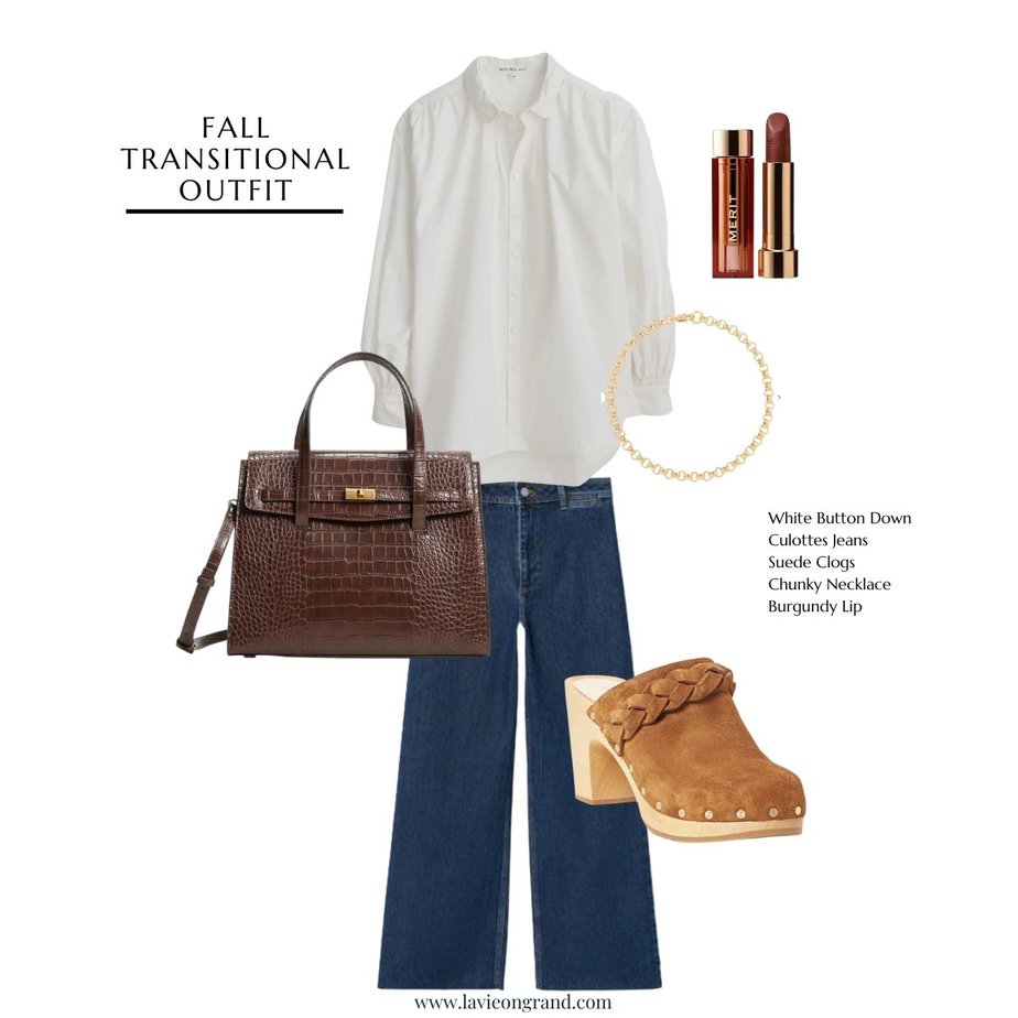 graphic of white button down, dark jeans, suede clogs, brown leather bag