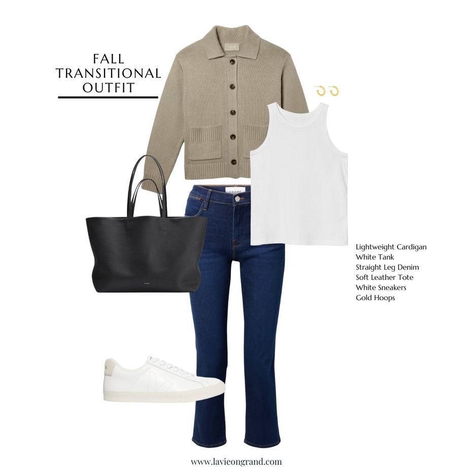 Graphic of brown sweater, dark jeans, white sneakers, white tank.