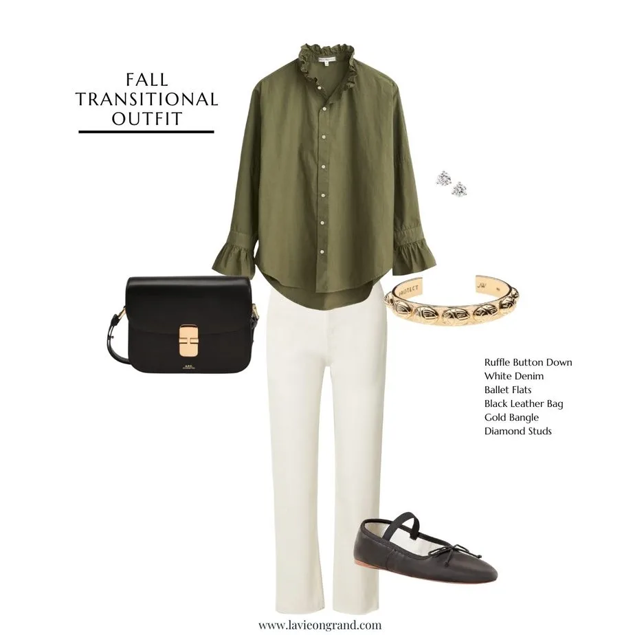 Graphic of green top with white jeans, ballet flats, and leather bag