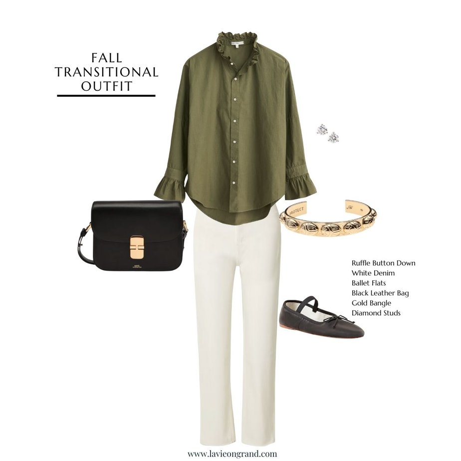 Graphic of green top with white jeans, ballet flats, and leather bag