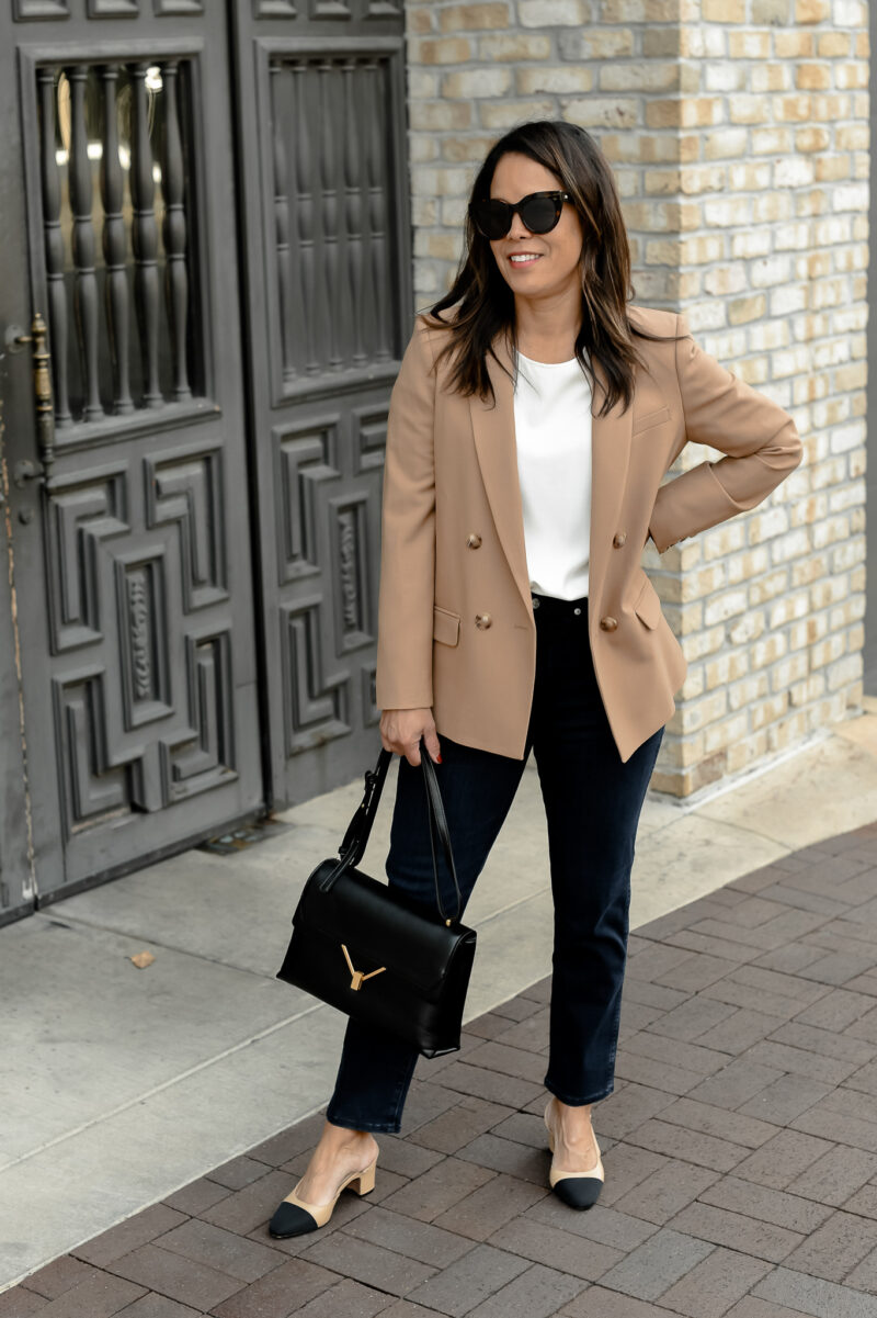 Where I Shop For Basics with a brown blazer, black jeans