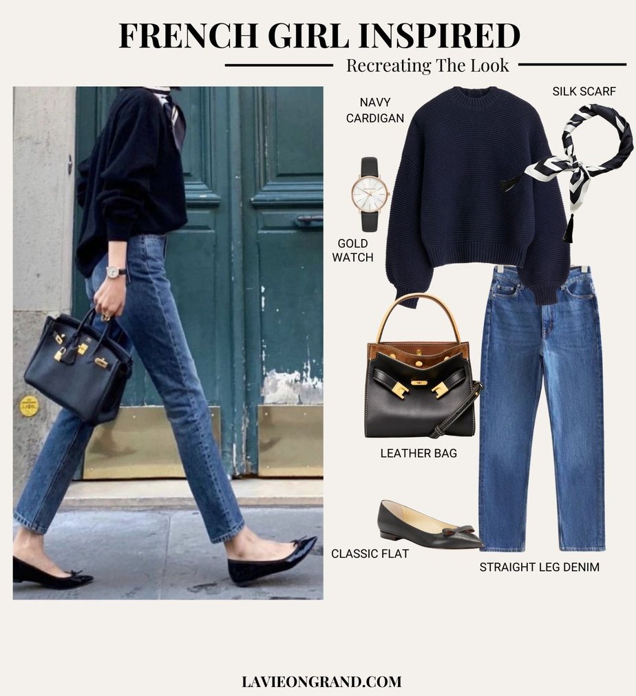 Graphic of French Girl Look with jeans, sweater, and ballet flats