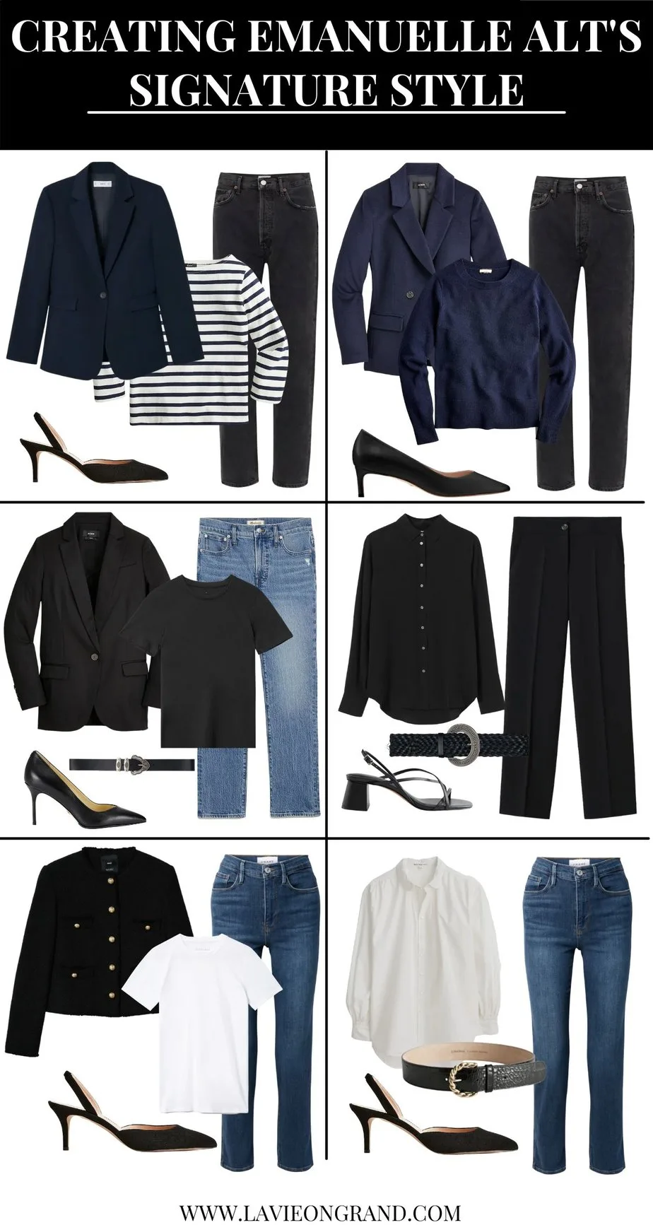 6 different graphics showing ways to wear Emanuelle Alt's Signature Style of Parisian, Minimal, Neutral Colors