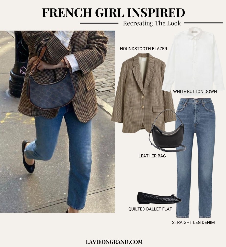 Graphic Showing French Girl Inspired Look of Houndstooth Blazer, White Button Down, Denim, Quilted Black Ballet Flats, Houndstooth Blazer, and White Button Down