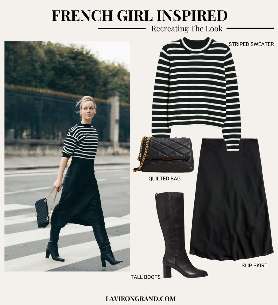 Graphic of black silk skirt, tall black boots, black and white stripe sweater, black quilted handbag with a lady in same outfit.