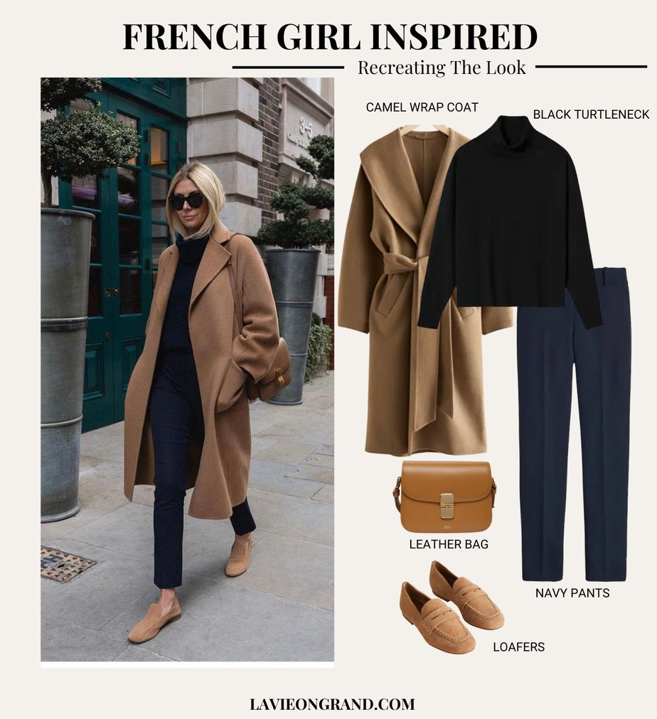 recreating a look of emma hill's in camel coat with navy pants and black turtleneck