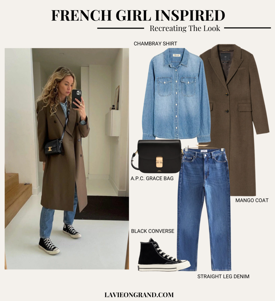 Graphic of a French Girl Inspired Look of Denim, Chambray Shirt, Brown Coat, and Black Converse